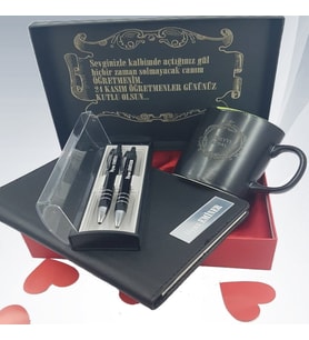 KİŞİYE ÖZEL HEDİYE SETİ (DEFTER-KUPA-2'Lİ METAL TÜKENMEZ KALEM SETİ)