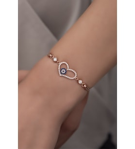 925 Ayar Gümüş Rose Zirkon Taşlı Nazar Kalp Bileklik