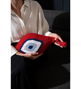 Tamamı El Örgüsü Nazar Kırlent - Anlamlı Yeni Ev ve Doğum Günü Hediyesi - Bohem Tasarım Göz Yastık (25x40 cm) (Kırmızı)