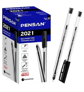 Pensan 2021 Üçgen Şeffaf Gövdeli Tükenmez Kalem Siyah 50'li Kutu 