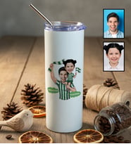 Kişiye Özel Karikatürlü Yeşil Beyaz Baba Kız Pipetli Matara Babalar Günü Hediyesi