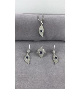 Telkarı Safir Taşlı Yaprak Gümüş Kadın Set