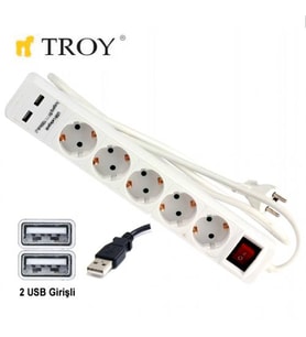 TROY 24025 USB Girişli Beşli Grup Priz ve Uzatma Kablosu (Çok Renkli)