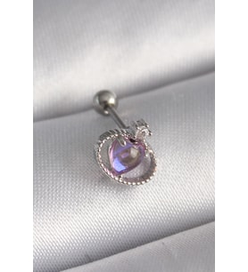 316L Çelik Gümüş Renk Mor Mineli Kalp Zirkon Taş Detay Tragus Piercing