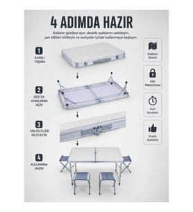 Mey İthalat® Valiz Tipi Katlanabilir Piknik Masası 4 Tabureli Taşınabilir Kamp Masası
