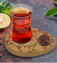 BK Gift Kişiye Özel Modern Art Tasarımlı Doğal Ahşap Tabaklı Heybeli Çay Bardağı Sunum Seti Model 21