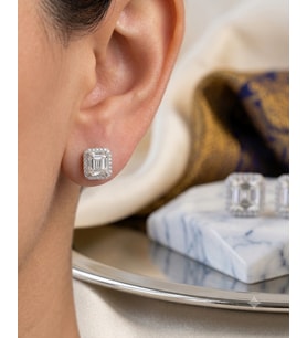 Kadın Moissanite Kare Taş ve Etrafı Sıralı Taş Detay Gümüş Küpe