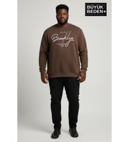 Erkek Büyük Beden El Yazılı Brooklyn Baskılı Bisiklet Yaka İnce Sweatshirt SPR26BSW956-6