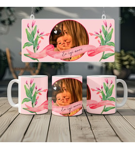Kişiye Özel Fotoğraflı Kupa Bardak, Çiçekli Pembe Tasarım, Eşe Anneye Sevgiliye Hediye Bardak, 330ml, Beyaz (Doğal Beyaz)