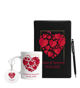 Sevgililer Gününe Özel Siyah Defter Kalem Kupa & Süblimasyon Anahtarlık Hediye Seti 36