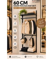 60 cm Hazır Mağaza Raf Seti 1 Modül - Raf + Askılık Kombinasyonu - 200 cm Konik Dikme - Siyah