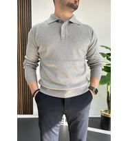 Erkek Düğmeli Polo Yaka Kazak Gri Edw231