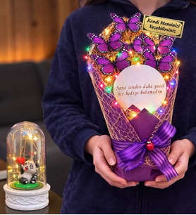 Size Özel Renkli Led Işıklı Aynalı Kelebek Buketi & Led Işıklı Fanuslu (Model 5)