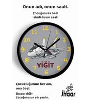 İsme Özel Jet Uçak Çizimli Çocuk Odası Duvar Saati Orta Boy 30 cm Siyah Camlı Sessiz