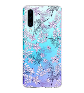 Huawei P30 Uyumlu Kapak Floral Lila Tasarımlı Şeffaf Silikon Kılıf