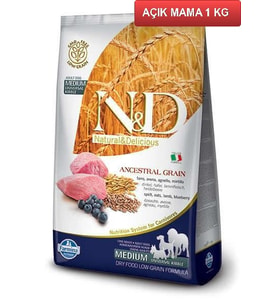 ND Düşük Tahıllı Kuzu Etli Yaban Mersinli Köpek Maması 1 Kg AÇIK