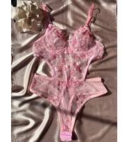 Pembe Kalp Desenli Transparan Dantel Body Takım- 85B