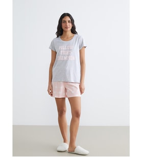 LCW DREAM Pembe Bisiklet Yaka Baskılı Kadın Şortlu Pijama Takımı