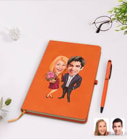 BK Gift Kişiye Özel Sevgililer Karikatürlü Turuncu Termo Deri Defter Kalem Seti Model 94