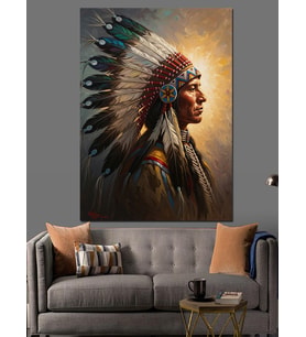 Tüylü Başlığıyla Kızılderili Profil Portresi Dekoratif Kanvas - Mdf Ahşap Tablo