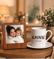 Kişiye Özel Anne Ve İsim Tasarımlı Türk Kahve Fincanı Ve Resimli Ahşap Çerçeve