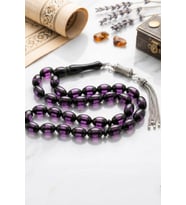 Surmeli Sıkma Kehribar Taşlı Arpa Kesim Tesbih 925 Ayar Gümüş Püsküllü 12*8 mm 902779
