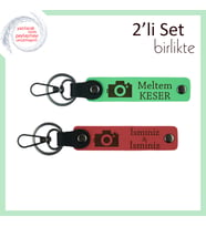 Sevdiklerine İlham Veren Hediyelik, Fotoğraf Makinesi Temalı Deri Set, Fıstık Yeşil-Nar Çiçeği