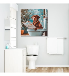 Tekli Kare Kanvas Banyo Tablosu Gazete Okuyan Kahve Labrador