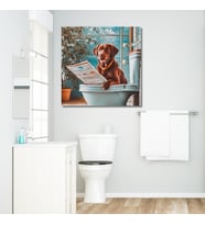 Tekli Kare Kanvas Banyo Tablosu Gazete Okuyan Kahve Labrador