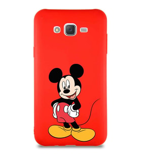 Samsung Galaxy J7 Soft Premier Kapak Mickey Mouse-E Tasarımlı Silikon Kılıf - Kırmızı (Şeffaf)