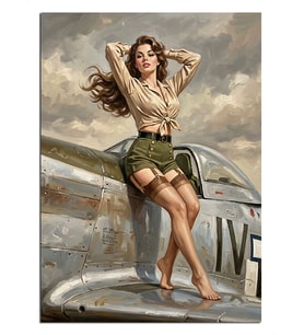 Uçak Üzerinde Pin-Up Kadın Dekoratif Kanvas - Mdf Ahşap Tablo