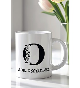 Kişiselleştirilebilir O Harfi Tasarımlı 330ml Baskılı Beyaz Seramik Kupa Bardak (Siyah Beyaz Baskili)