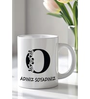 Kişiselleştirilebilir O Harfi Tasarımlı 330ml Baskılı Beyaz Seramik Kupa Bardak (Siyah Beyaz Baskili)