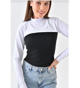 Dik Yaka Boyunluklu Kolluk - BEYAZ Uzun Kollu Boyunluk Tesettür Boyunluk Balıkçı Yaka Bodysuit (Beyaz)