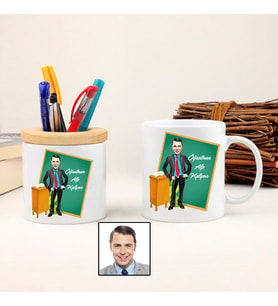 Karikatürlü Erkek Öğretmene Özel Kupa Bardak ve Kalemlik