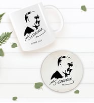 BK Gift Kişiye Özel Atatürk Temalı Beyaz Kupa Bardak ve Yuvarlak Ahşap Bardak Altlığı Hediye Seti -26
