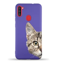 Samsung Galaxy A11 Uyumlu Lansman Kılıf Catface Tasarımlı İçi Kadife Kapak-Mor (Şeffaf)