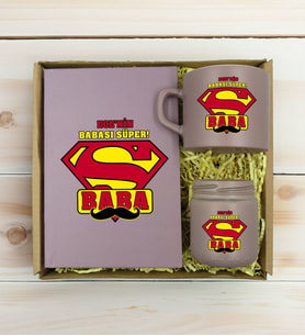 BK Gift Kişiye Özel İsimli DTF Baba Temalı Mat Gri Defter & Kahve Fincanı & Mum Hediye Seti-2, Babaya Hediye, Babalar Günü Hediyeleri