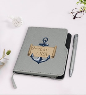 BK Gift Kişiye Özel Çapa Tasarımlı Gri Termo Deri Defter Kalem Seti-3