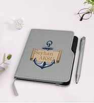 BK Gift Kişiye Özel Çapa Tasarımlı Gri Termo Deri Defter Kalem Seti-3