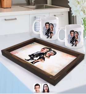 BK Gift Kişiye Özel Sevgililer Karikatürlü Doğal Ahşap Tepsi ve 2’li Kupa Bardak Seti-6