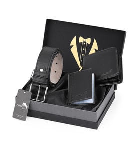 Polo Air Erkek Damat Bohçası Kutulu 3'lü Kemer, Cüzdan ve Kartlık Klasik Model Set DMT-0012 (Siyah)