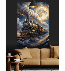 Gece,Dolunay ve Retro Kara Tren Dekoratif Kanvas - Mdf Ahşap Tablo