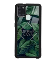 Samsung A21s Uyumlu Yeşil Yapraklı Kare İsim Tasarımlı Glossy Telefon Kılıfı