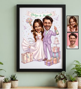 Kişiye Özel Karikatürlü Gelin Damat Balayı Çifti Siyah Çerçeve Sevgililer Günü Hediyesi