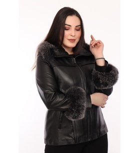 Hakiki Deri Siyah Kol Omuz Kürklü Roxana Kadın Ceket