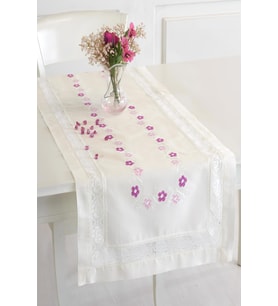 Krem Buldan İpeği Dantelli İşlemeli 50x130 cm Runner (Pembe)