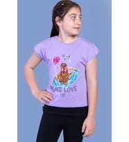 Toontoy Kız Çocuk Garni Detaylı Taş İşlemeli Baskılı Tişört (Lila)