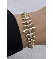 Kararmaz Renk Atmaz Cm Jewelry Gold Renk Yaprak Form Zirkon Taşlı Kadın Çelik Bileklik