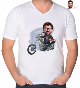 BK Gift Kişiye Özel Erkek Motorcu Karikatürlü V Yaka Tişört-4 (Beyaz)